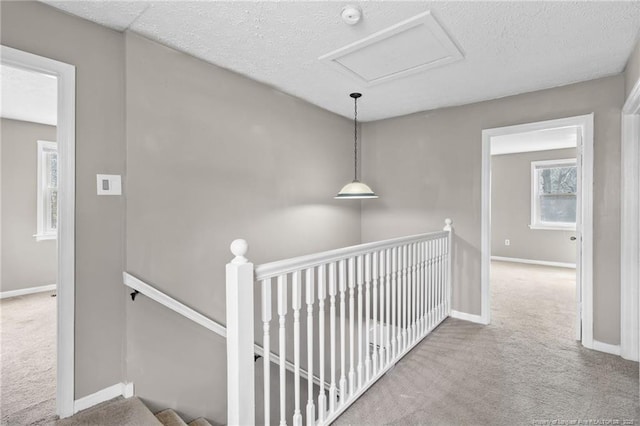 hall with a textured ceiling, an upstairs landing, baseboards, carpet, and attic access