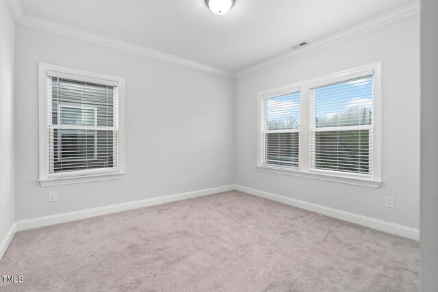 carpeted spare room with ornamental molding