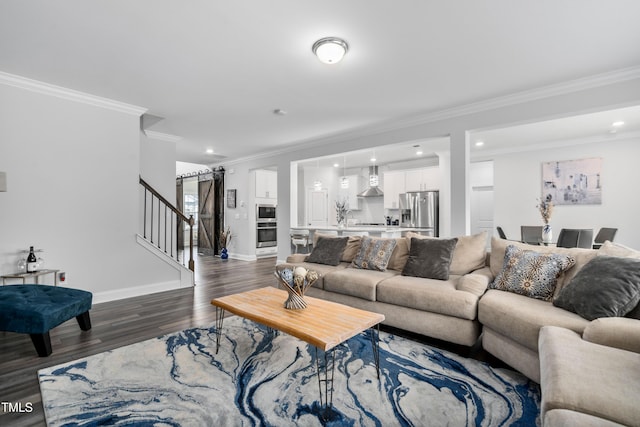 living room featuring crown molding, dark hardwood / wood-style floors, and sink