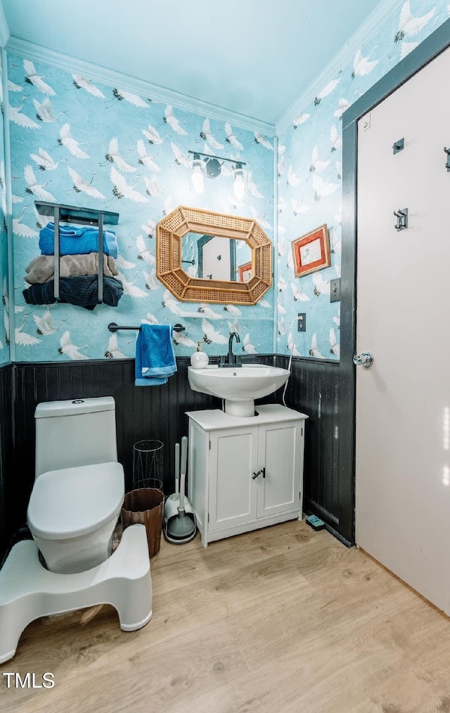 bathroom with hardwood / wood-style flooring, vanity, crown molding, and toilet