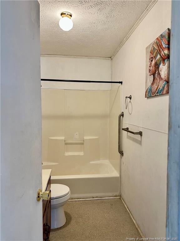 full bathroom featuring vanity, bathing tub / shower combination, a textured ceiling, and toilet