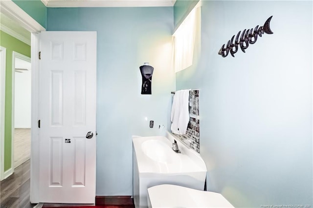 bathroom featuring hardwood / wood-style flooring and ornamental molding