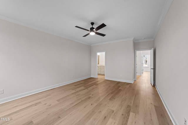 unfurnished bedroom featuring ornamental molding, ceiling fan, and light hardwood / wood-style floors