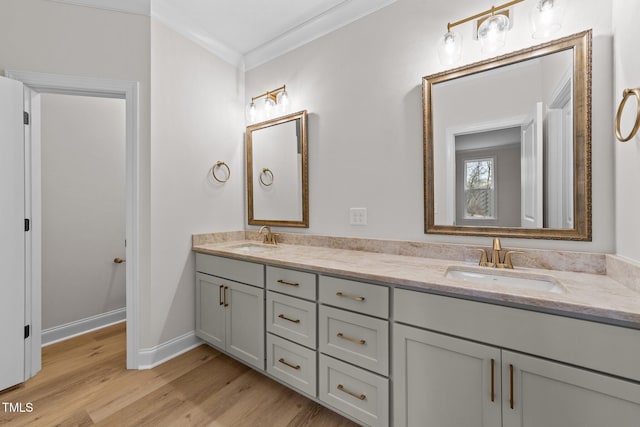 bathroom featuring crown molding, vanity, and hardwood / wood-style floors