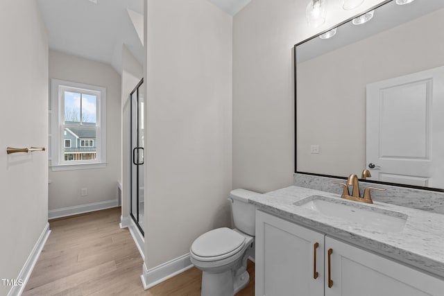 bathroom featuring vanity, toilet, a shower with shower door, and hardwood / wood-style floors