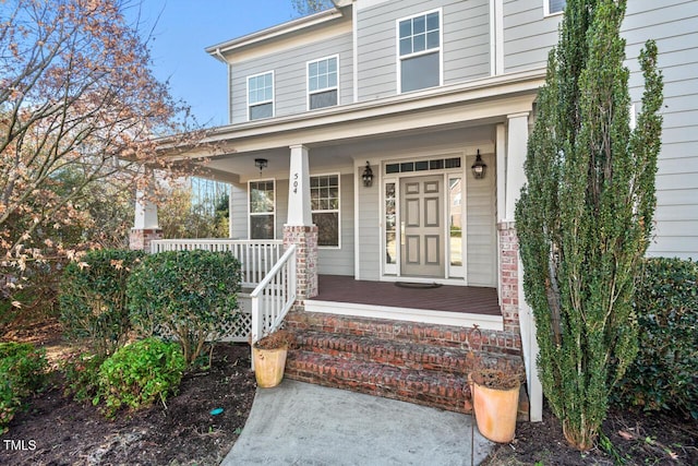 view of exterior entry with a porch