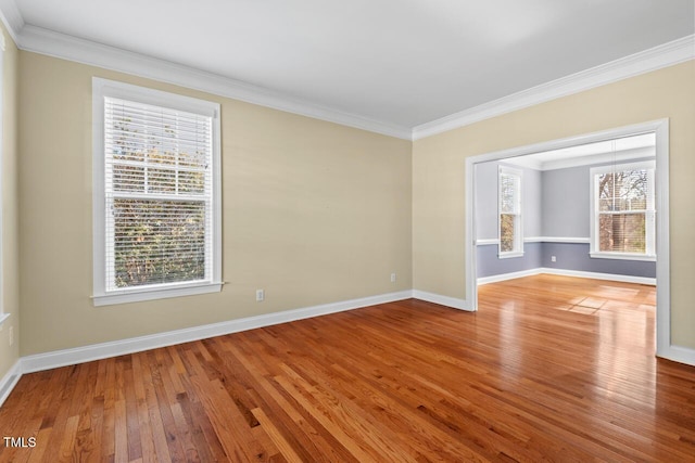 spare room with baseboards, crown molding, and hardwood / wood-style floors