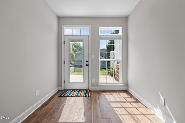 doorway to outside featuring baseboards and wood finished floors