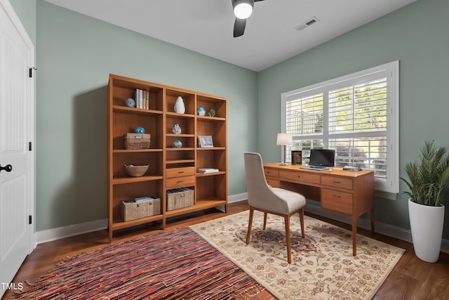 office area featuring visible vents, baseboards, wood finished floors, and ceiling fan