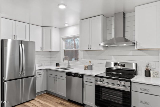 kitchen featuring appliances with stainless steel finishes, white cabinets, sink, and wall chimney range hood