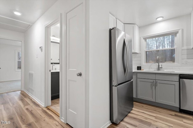 kitchen with sink, gray cabinets, stainless steel appliances, and light hardwood / wood-style flooring