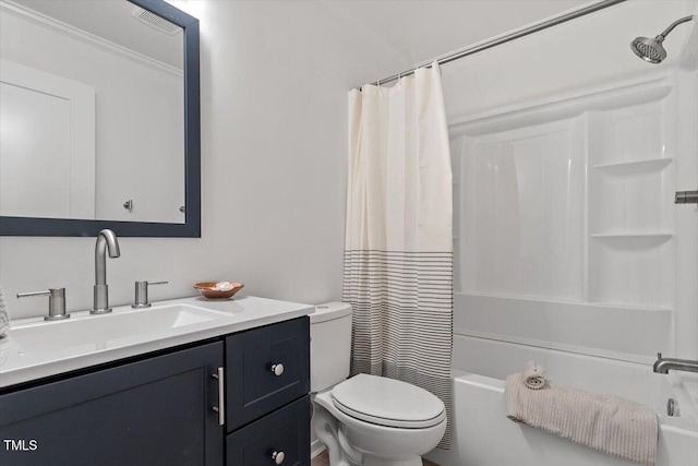 full bathroom featuring toilet, shower / bath combo, crown molding, and vanity