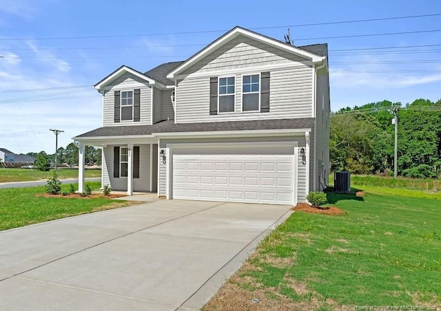 821 Tori Dr, Spring Lake, NC 28390 - traditional-style house with concrete driveway, a front yard, a garage, central AC, and a porch