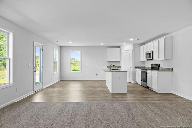 821 Tori Dr, Spring Lake, NC 28390 - kitchen with stainless steel appliances, dark countertops, open floor plan, recessed lighting, and baseboards