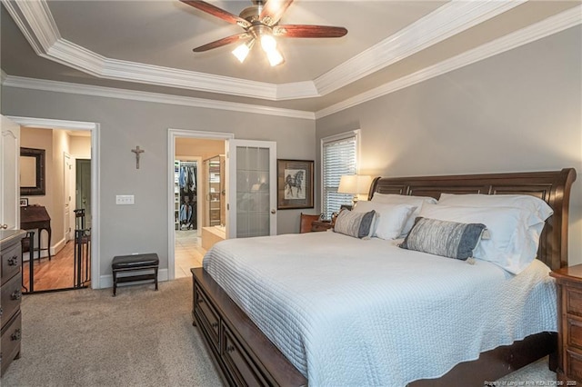 carpeted bedroom featuring a raised ceiling, crown molding, and ceiling fan