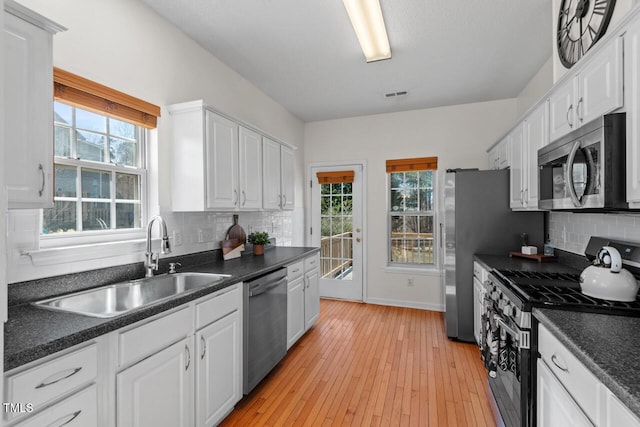 kitchen featuring dark countertops, white cabinetry, stainless steel appliances, and a sink