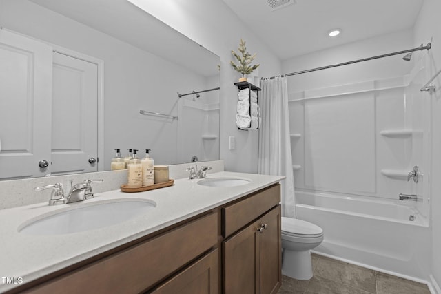 full bathroom featuring toilet, shower / bath combo, tile patterned floors, and vanity