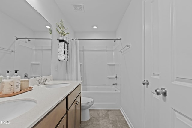 full bathroom with toilet, tile patterned flooring, vanity, and shower / tub combo