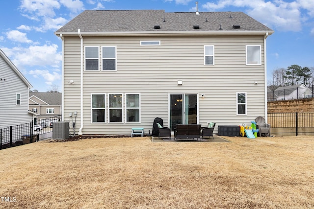 back of property with cooling unit, outdoor lounge area, fence, a lawn, and a patio area