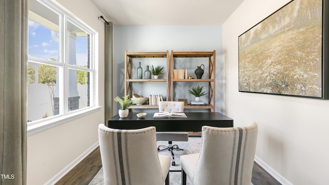 home office with dark wood-type flooring