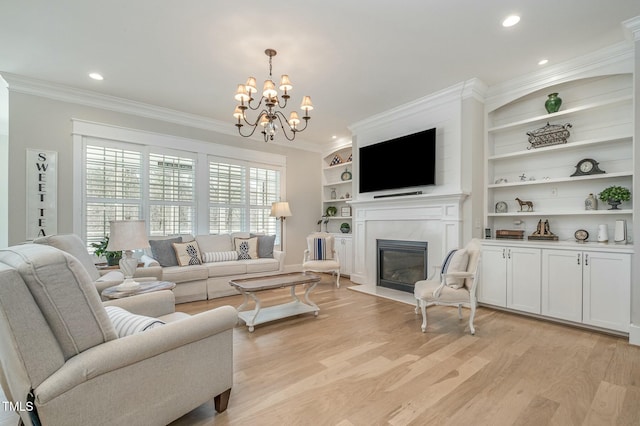 living room featuring light wood-style flooring, a fireplace, crown molding, and recessed lighting