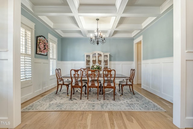 dining space featuring an inviting chandelier, a wainscoted wall, beamed ceiling, and wood finished floors