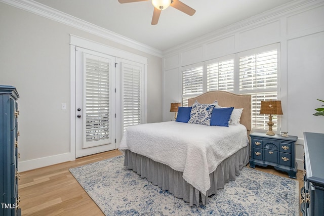 bedroom with ceiling fan, ornamental molding, access to exterior, and light wood-type flooring