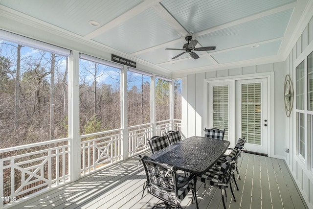 sunroom / solarium featuring ceiling fan and coffered ceiling