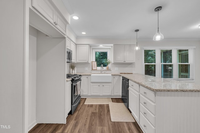 100 Windvale Ct, Cary, NC 27518 - kitchen with a sink, stainless steel appliances, a peninsula, white cabinetry, and wood finished floors