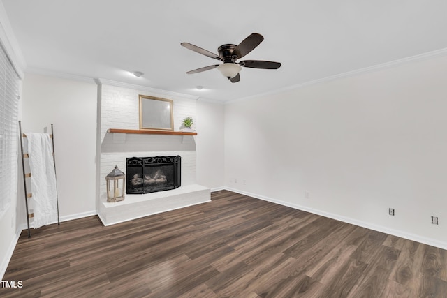 100 Windvale Ct, Cary, NC 27518 - unfurnished living room with a brick fireplace, wood finished floors, a ceiling fan, and crown molding