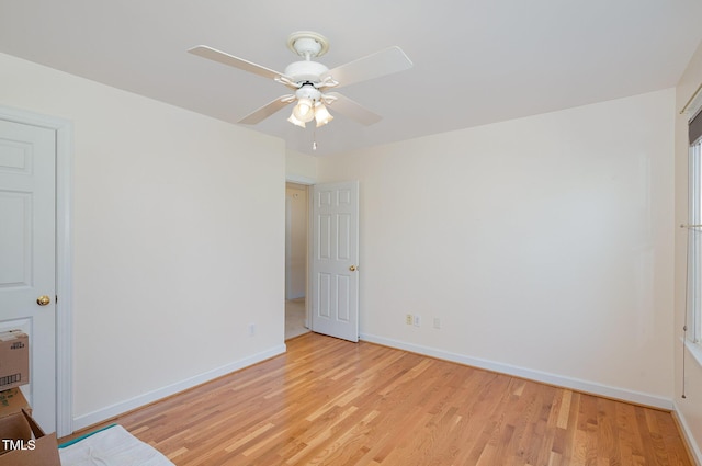 unfurnished bedroom with light hardwood / wood-style flooring and ceiling fan