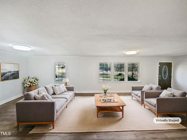 living room featuring hardwood / wood-style floors and a textured ceiling