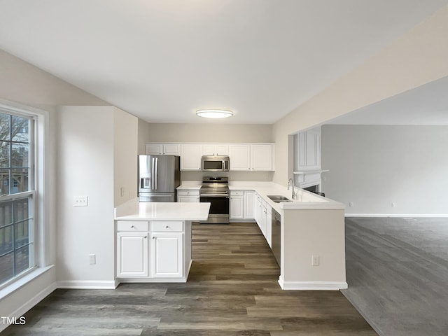 kitchen with appliances with stainless steel finishes, sink, dark hardwood / wood-style floors, kitchen peninsula, and white cabinets