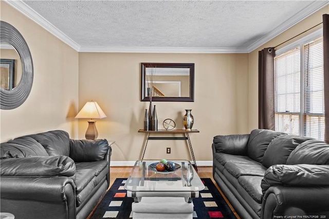 living room with ornamental molding, wood-type flooring, and a textured ceiling