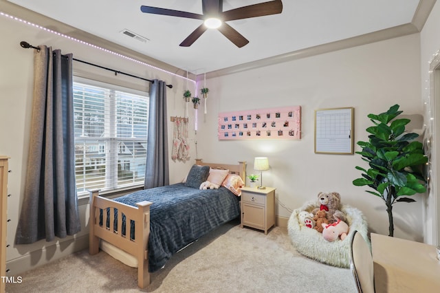 bedroom with light colored carpet and ceiling fan