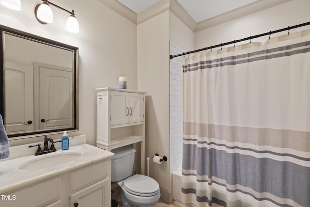 full bathroom with shower / bath combination with curtain, ornamental molding, toilet, and vanity