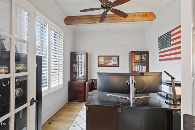 home office with crown molding, beam ceiling, light hardwood / wood-style flooring, and ceiling fan