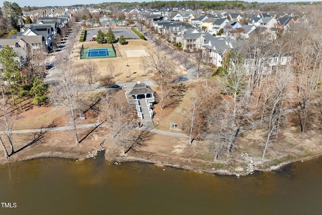 aerial view featuring a water view and a residential view