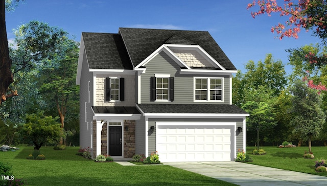 traditional home with concrete driveway, a front yard, roof with shingles, stone siding, and an attached garage