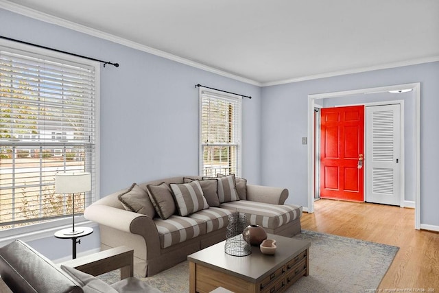 living room with crown molding and light wood-type flooring