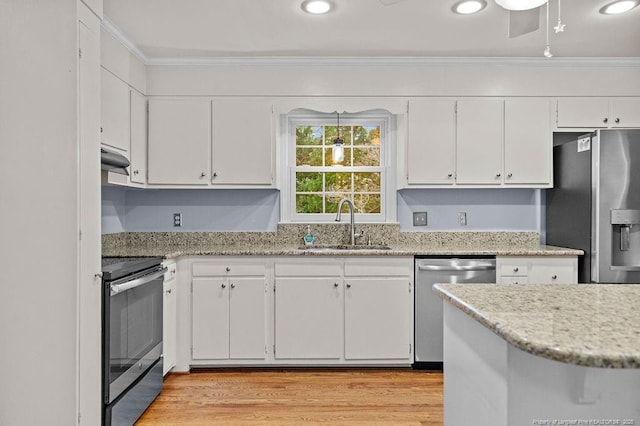 kitchen featuring white cabinetry, sink, crown molding, and stainless steel appliances