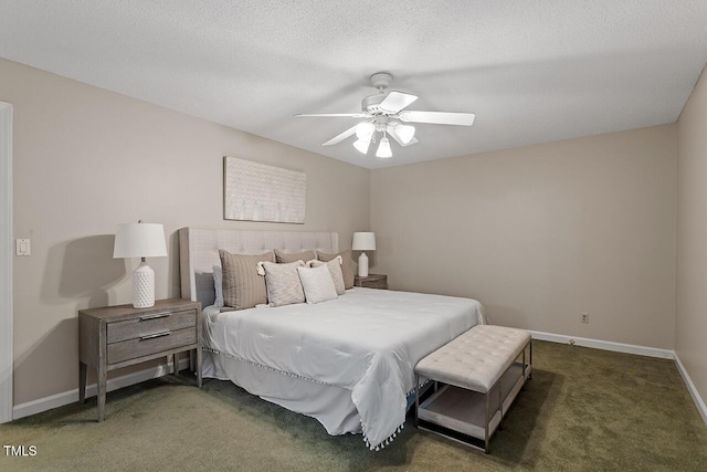 bedroom with ceiling fan, dark carpet, and a textured ceiling