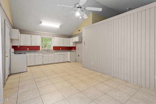 kitchen with sink, vaulted ceiling, ceiling fan, white range with electric stovetop, and white cabinets