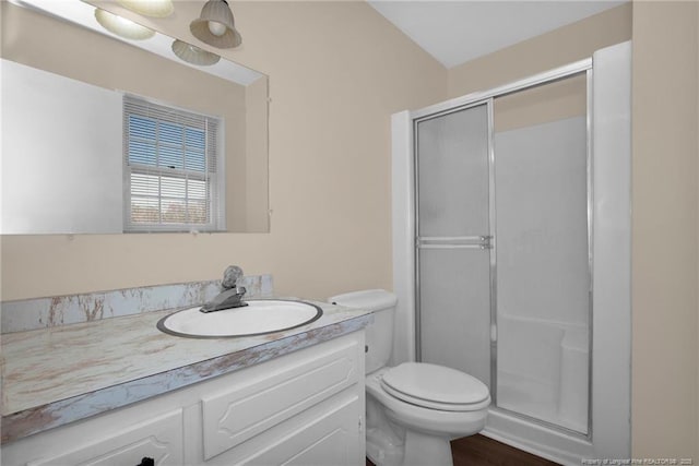 bathroom featuring vanity, a shower with door, and toilet