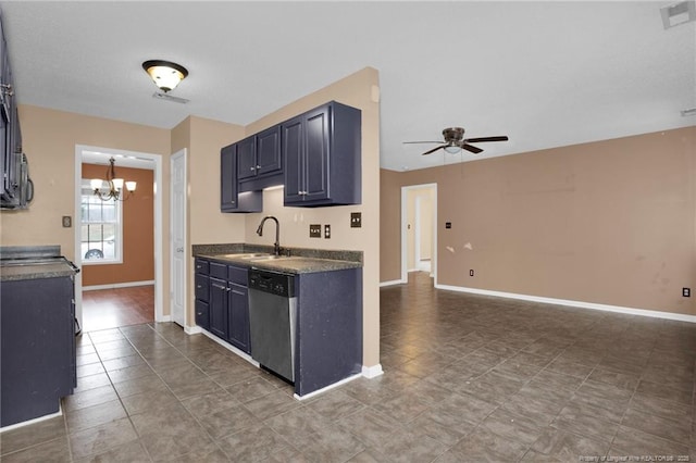 kitchen featuring ceiling fan with notable chandelier, sink, and stainless steel dishwasher