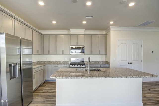 kitchen with appliances with stainless steel finishes, a kitchen island with sink, sink, and light stone countertops