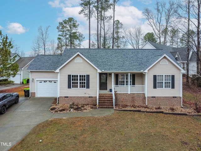 ranch-style home featuring driveway, a shingled roof, crawl space, and an attached garage