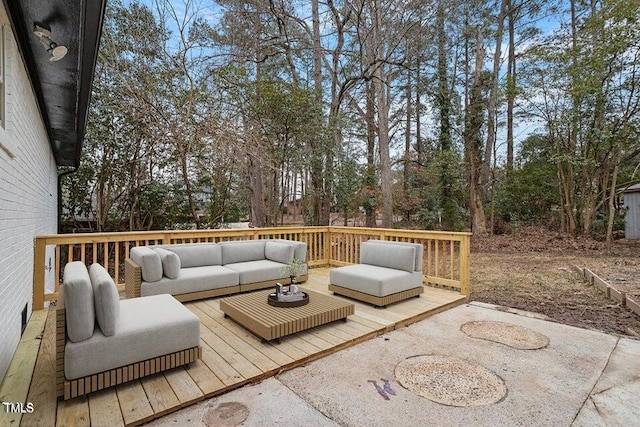 wooden deck featuring an outdoor living space