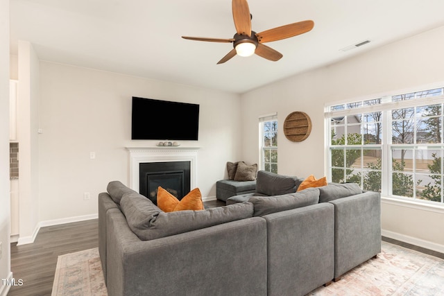 living room with visible vents, wood finished floors, plenty of natural light, and a glass covered fireplace