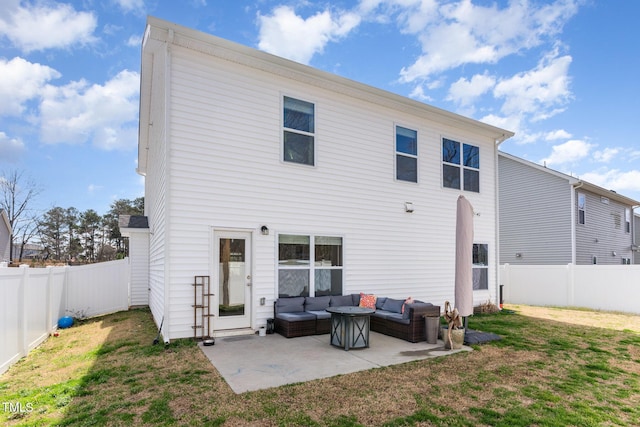 rear view of property with an outdoor living space, a yard, a fenced backyard, and a patio